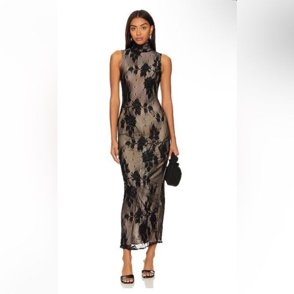 NBD Dresses & Skirts - NBD Macelina maxi dress Black nude illusion lace sheath bodycon Revolve NWT Sz S
